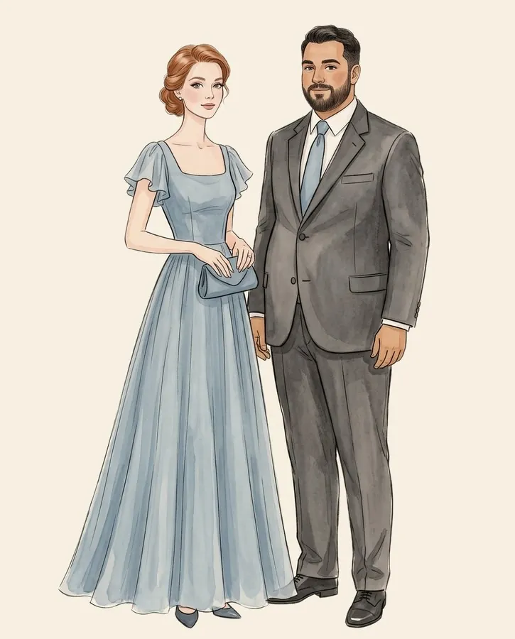 Ejemplo de vestimenta: ella con vestido largo hasta el piso azul empolvado; él, robusto y con barba, con traje gris oscuro y corbata azul