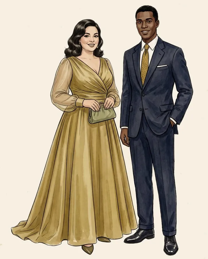 Ejemplo de vestimenta: ella, de talla grande, con vestido largo hasta el piso color mostaza con mangas de gasa; él, de piel morena, con traje azul marino y corbata mostaza
