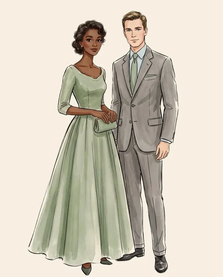 Ejemplo de vestimenta: ella, de piel morena, con vestido largo hasta el piso verde salvia con mangas; él con traje gris y corbata verde